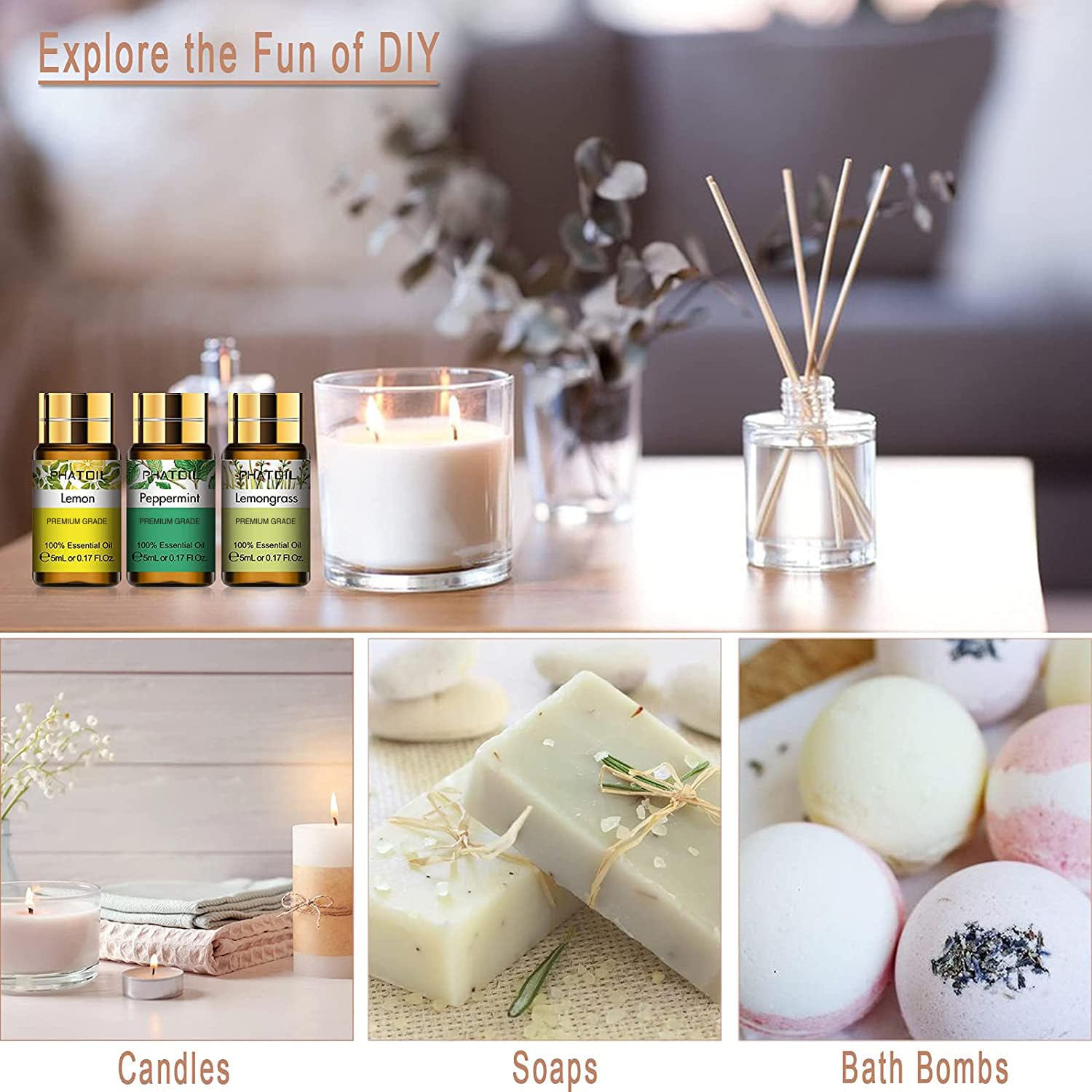 PHATOIL eucalyptus oil bottle closeup ideal for refreshing spaces.