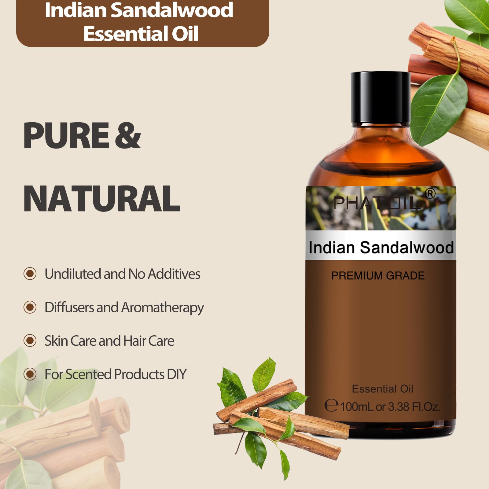 PHATOIL Indian Sandalwood essential oil diffuser setup with warm aroma