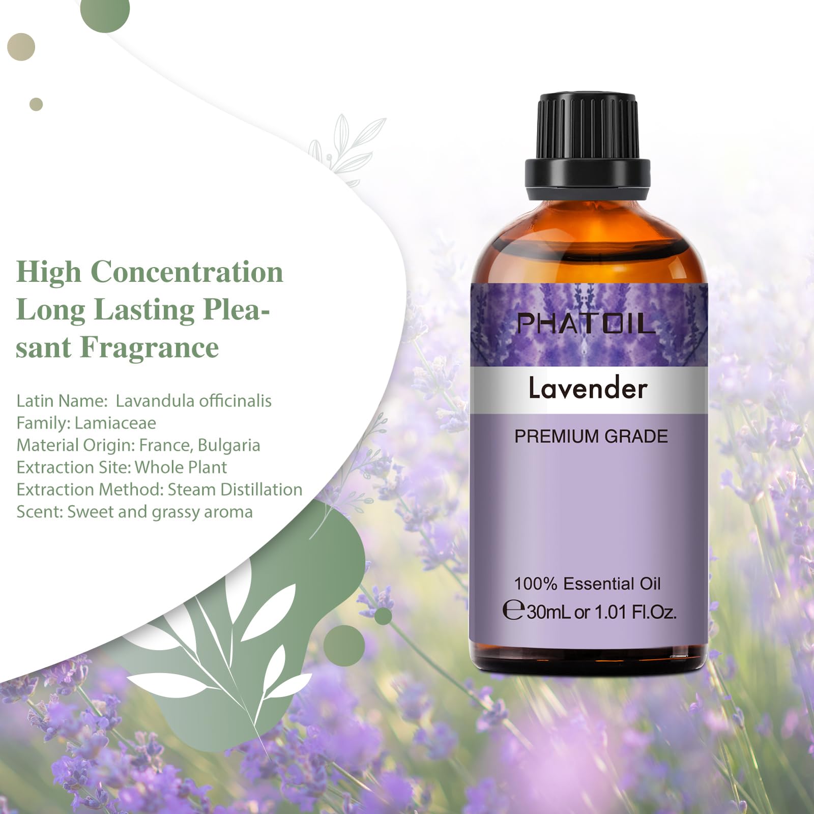 PHATOIL Lavender oil in amber bottle protects scent during diffuser use.