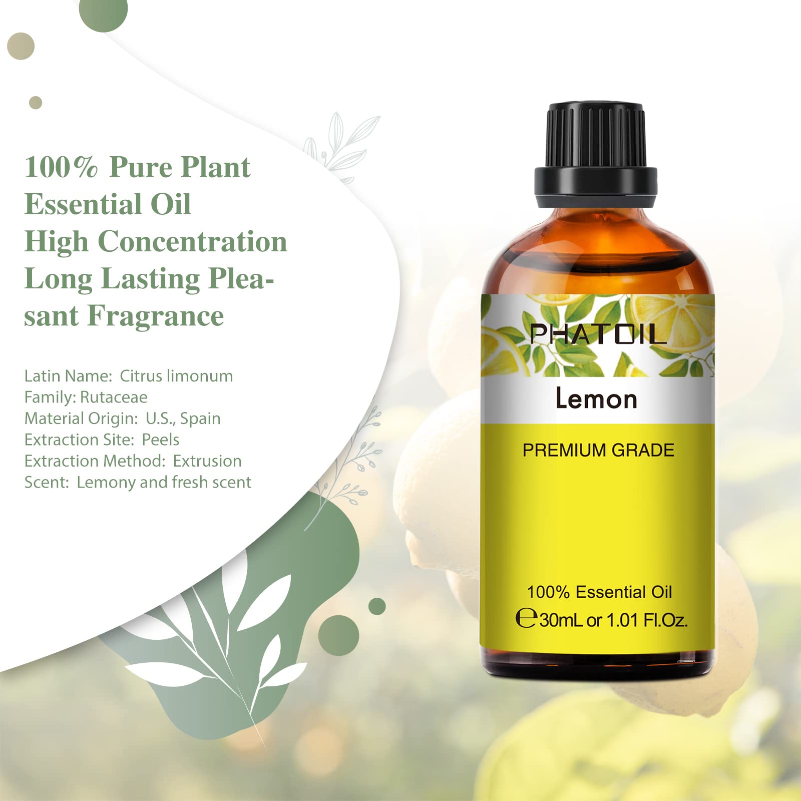 PHATOIL Lemon essential oil with built-in dropper for precise dosing.