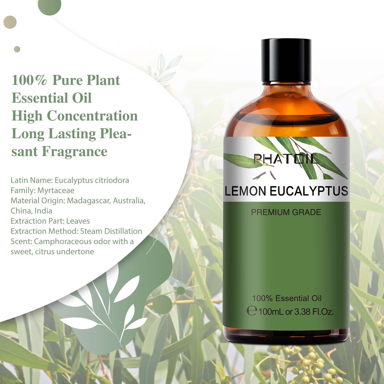 PHATOIL Lemon Eucalyptus amber bottle protects oil from UV light.