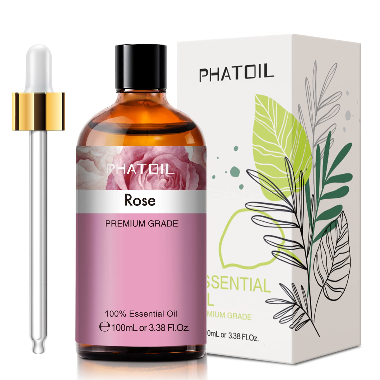 PHATOIL rose essential oil 100ml bottle highlighting premium packaging and aroma