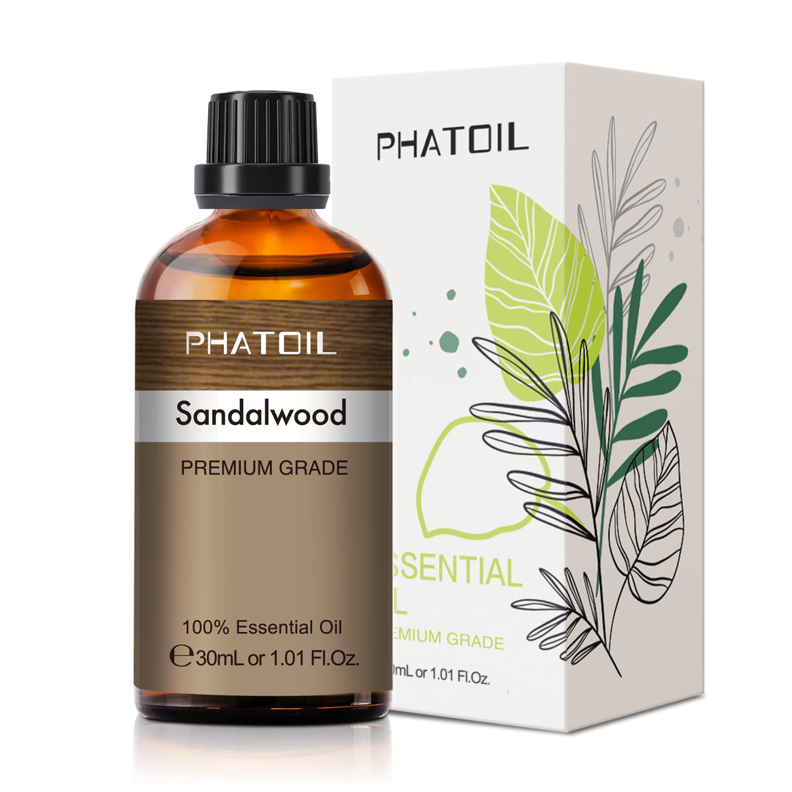PHATOIL Sandalwood essential oil bottle close-up highlighting premium aroma diffusion.