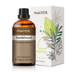 PHATOIL Sandalwood essential oil bottle close-up highlighting premium aroma diffusion.