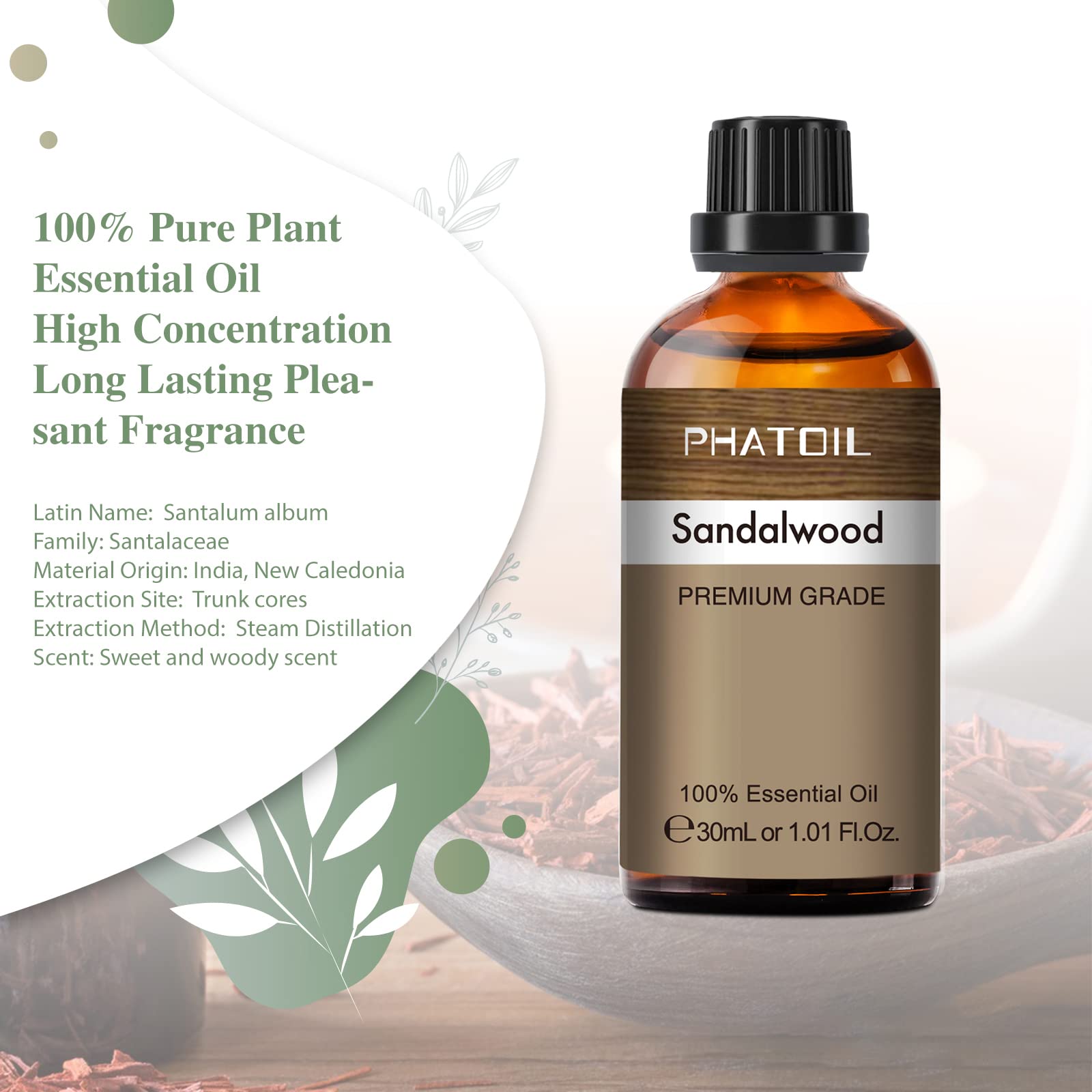 PHATOIL Sandalwood in diffuser with steam showing calming aroma.