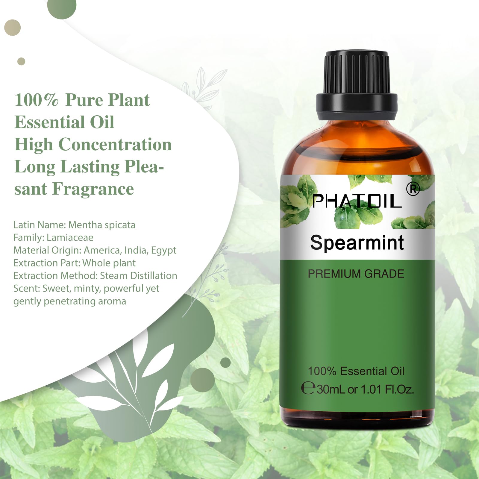 PHATOIL Spearmint bottle features amber glass protecting aroma during storage.