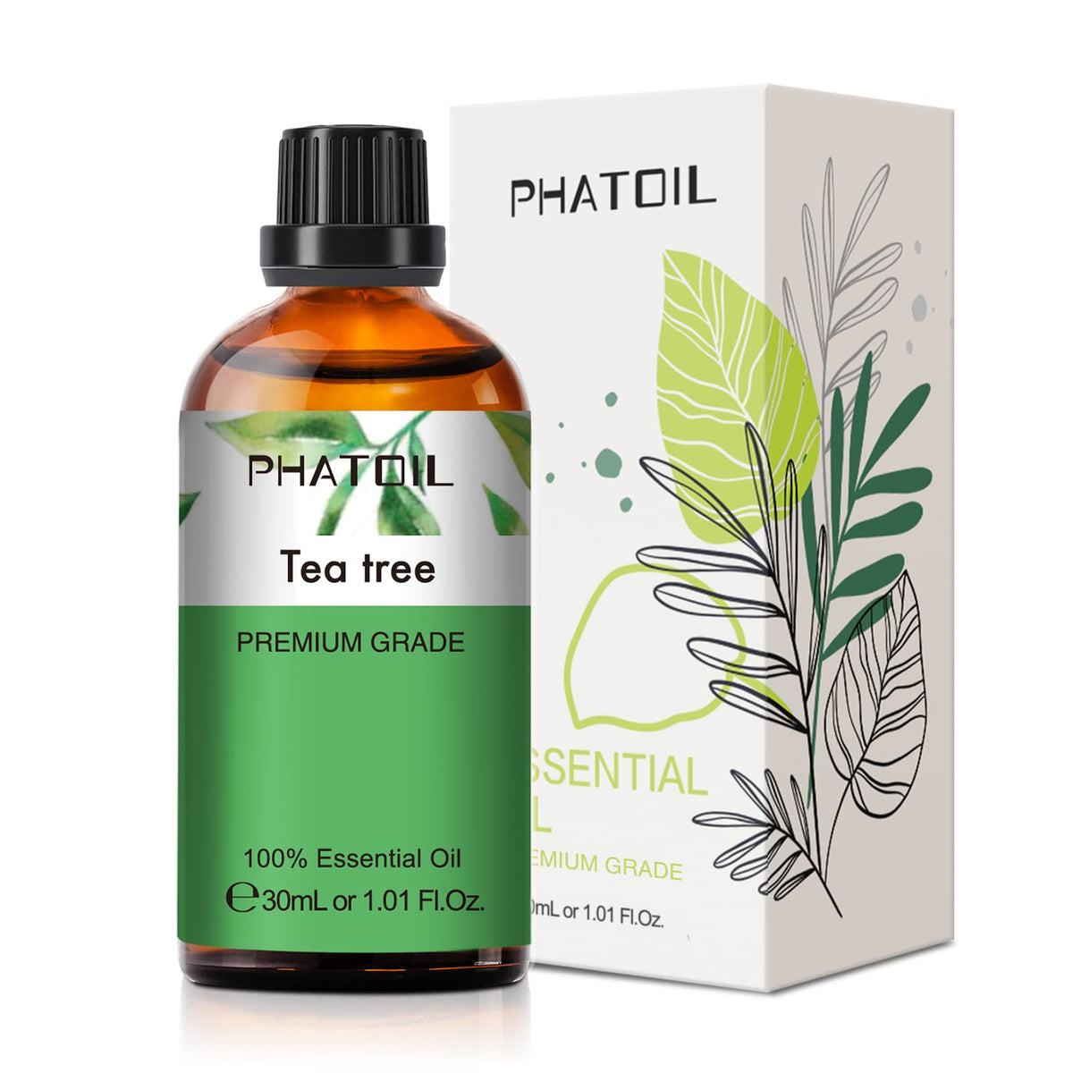 PHATOIL Tea Tree Oil bottle in amber glass protects purity for aromatherapy.