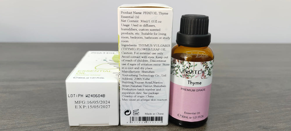 PHATOIL Thyme Essential Oil label highlights usage and notes