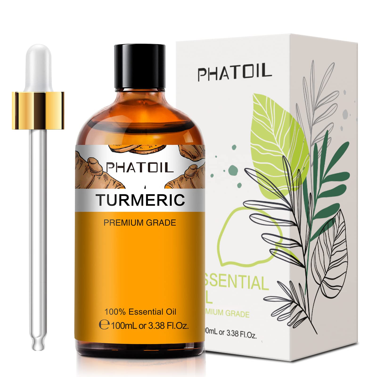 PHATOIL turmeric essential oil bottle showing premium packaging for home use.