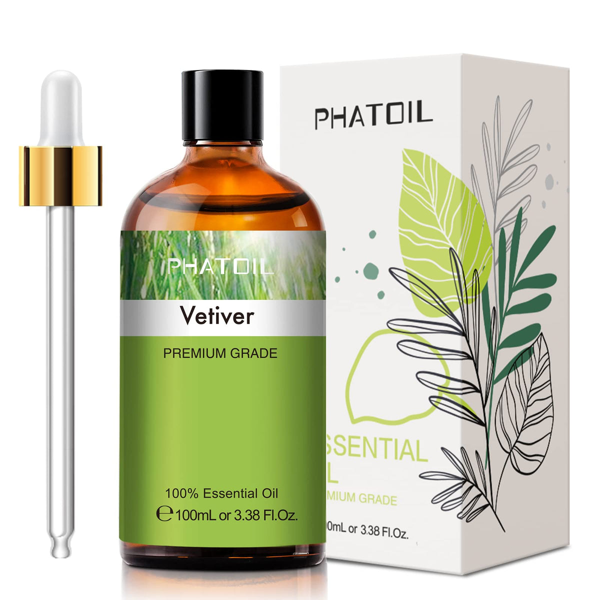 PHATOIL Vetiver essential oil in amber bottle with dropper for precise diffusion