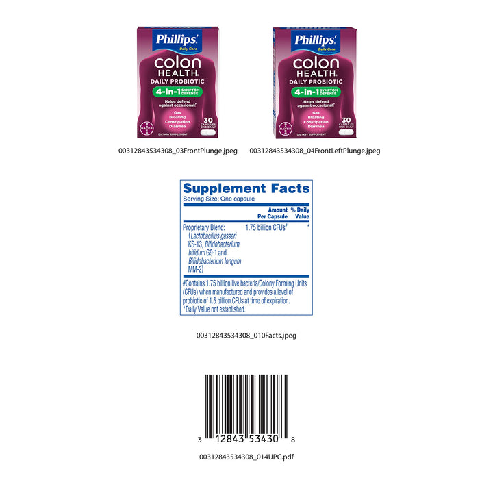 Phillips' Colon Health capsules spilling from bottle imply convenient daily use