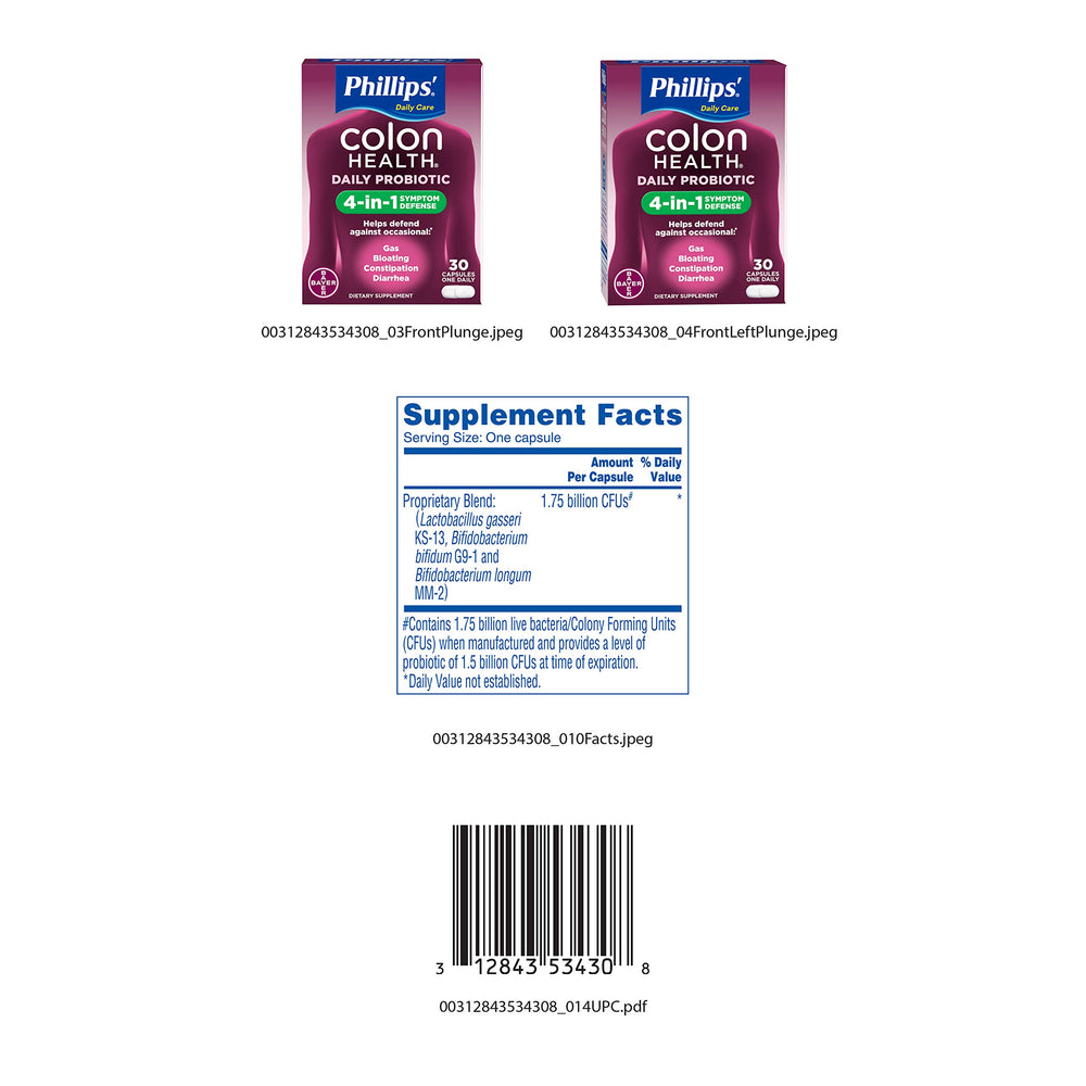 Phillips' Colon Health capsules spilling from bottle imply convenient daily use