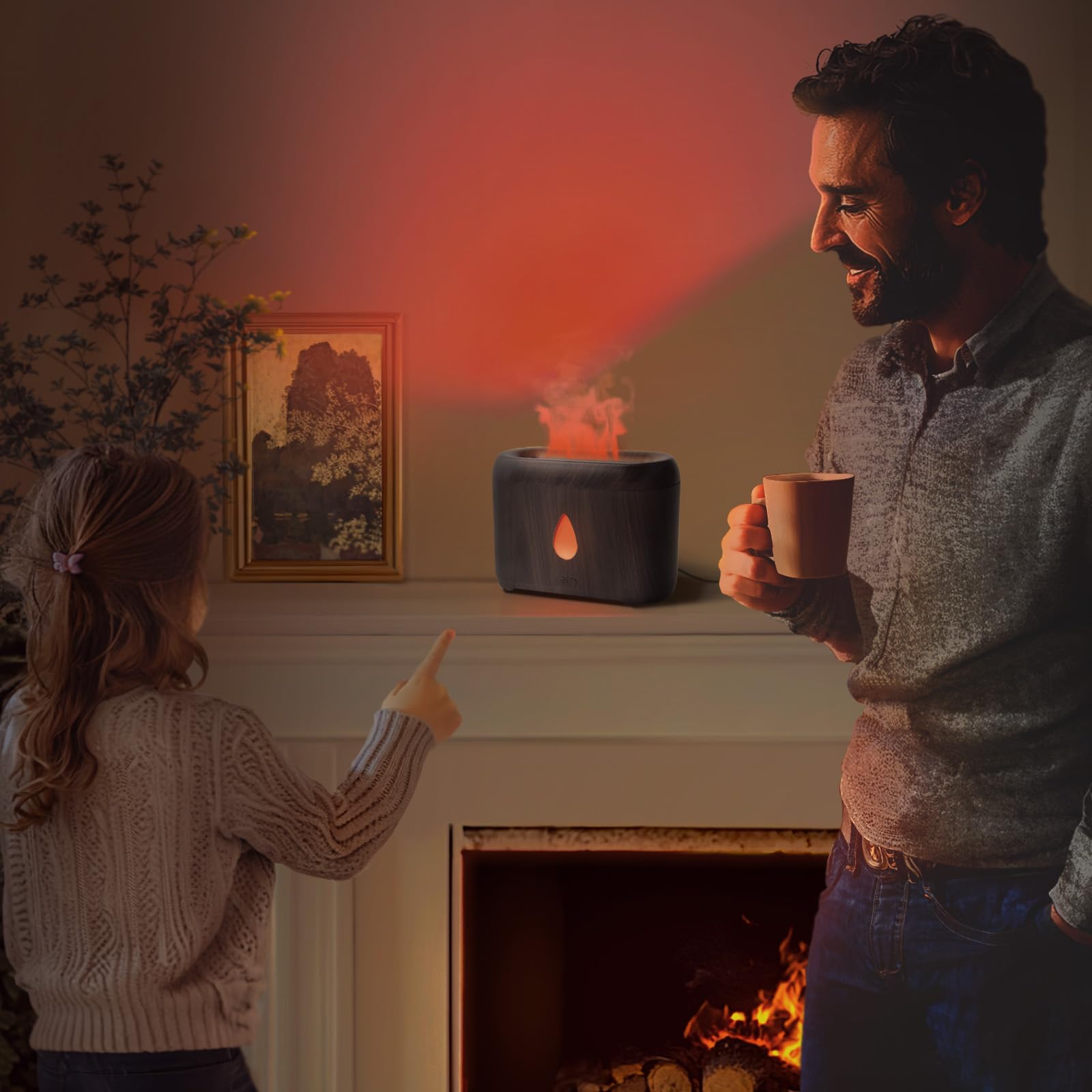 Phimuezl Flame Diffuser with ambient flame light enhances relaxing mood and soft lighting.