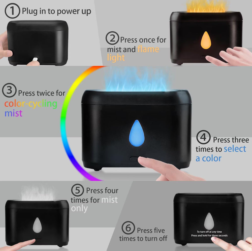 Phimuezl Flame Diffuser LED color options for mood lighting.