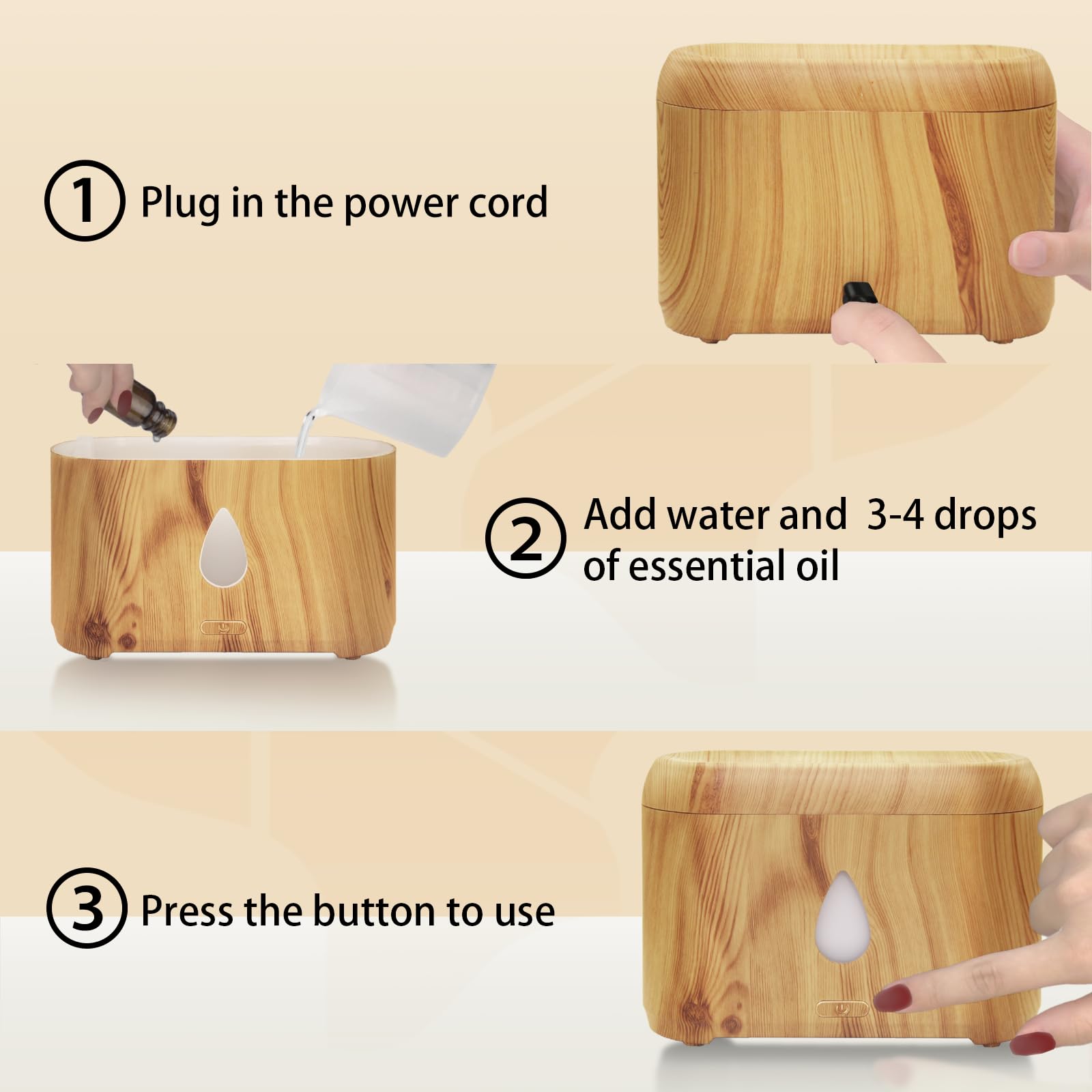 Phimuezl Flame Diffuser wooden grain night light creates a cozy glow.