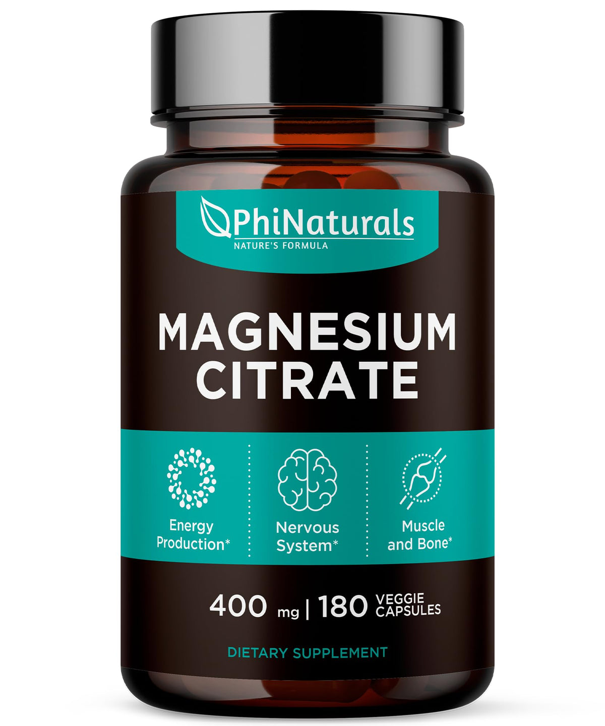 PhiNaturals Magnesium Citrate 400mg bottle ready for daily nervous system support.