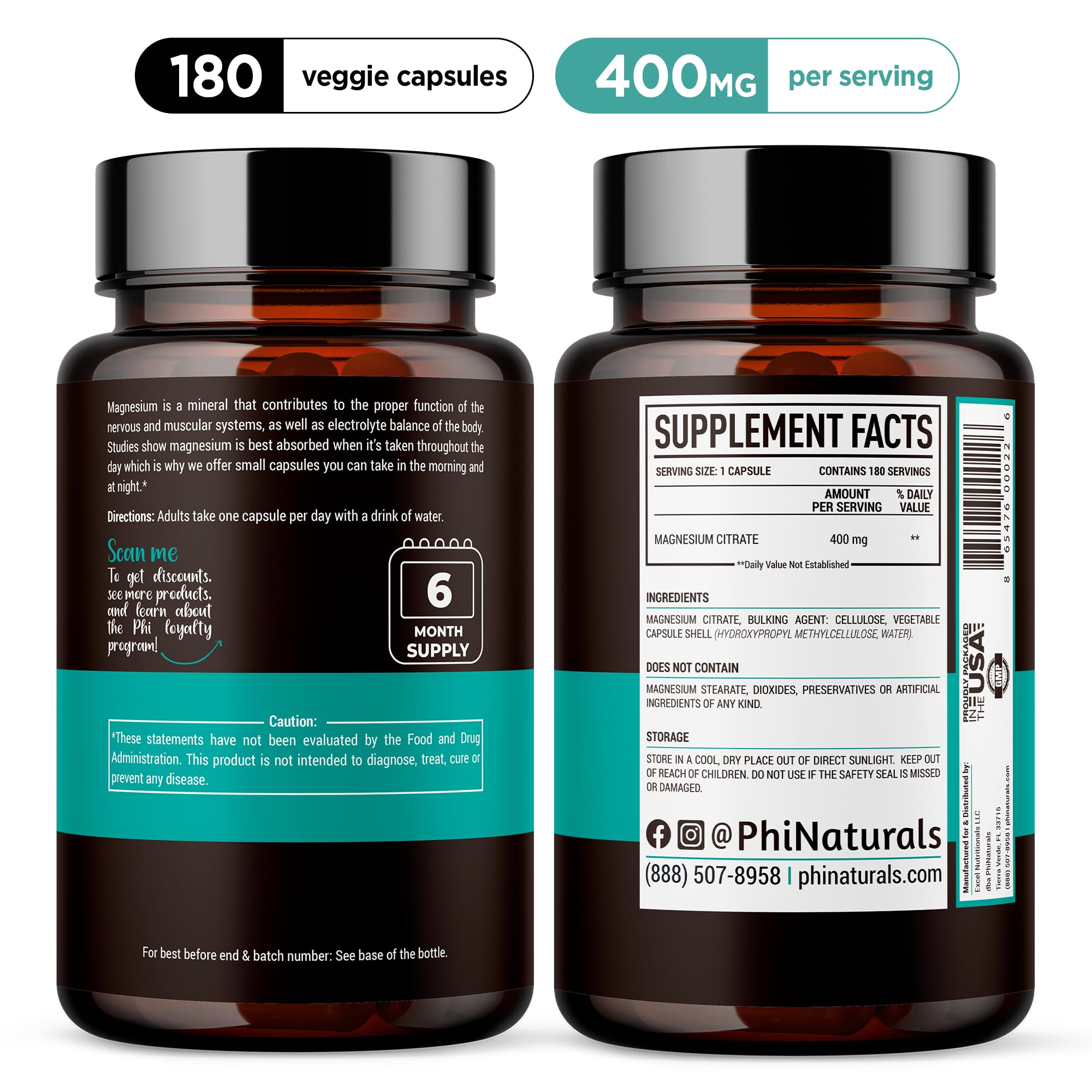 PhiNaturals Magnesium Citrate capsules close-up showing easy-swallow design.