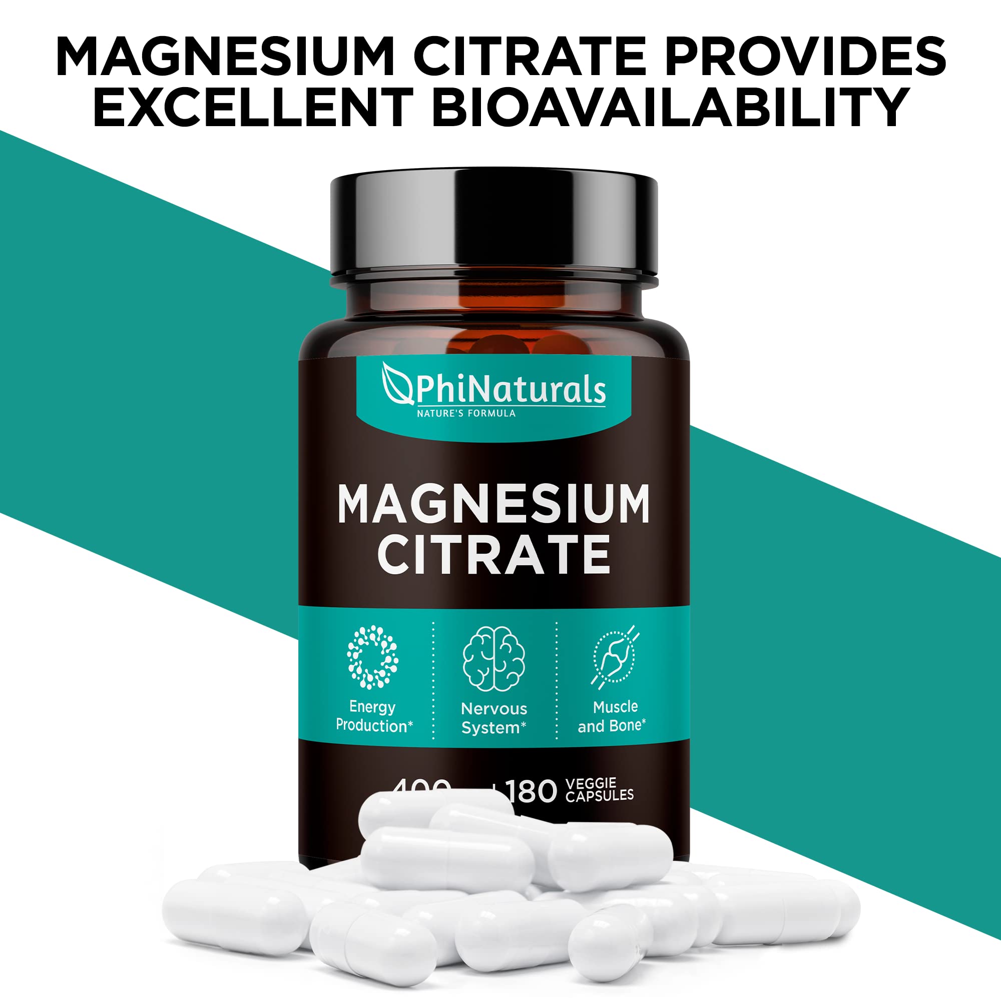 PhiNaturals nutrition label emphasizing 400 mg magnesium per serving.