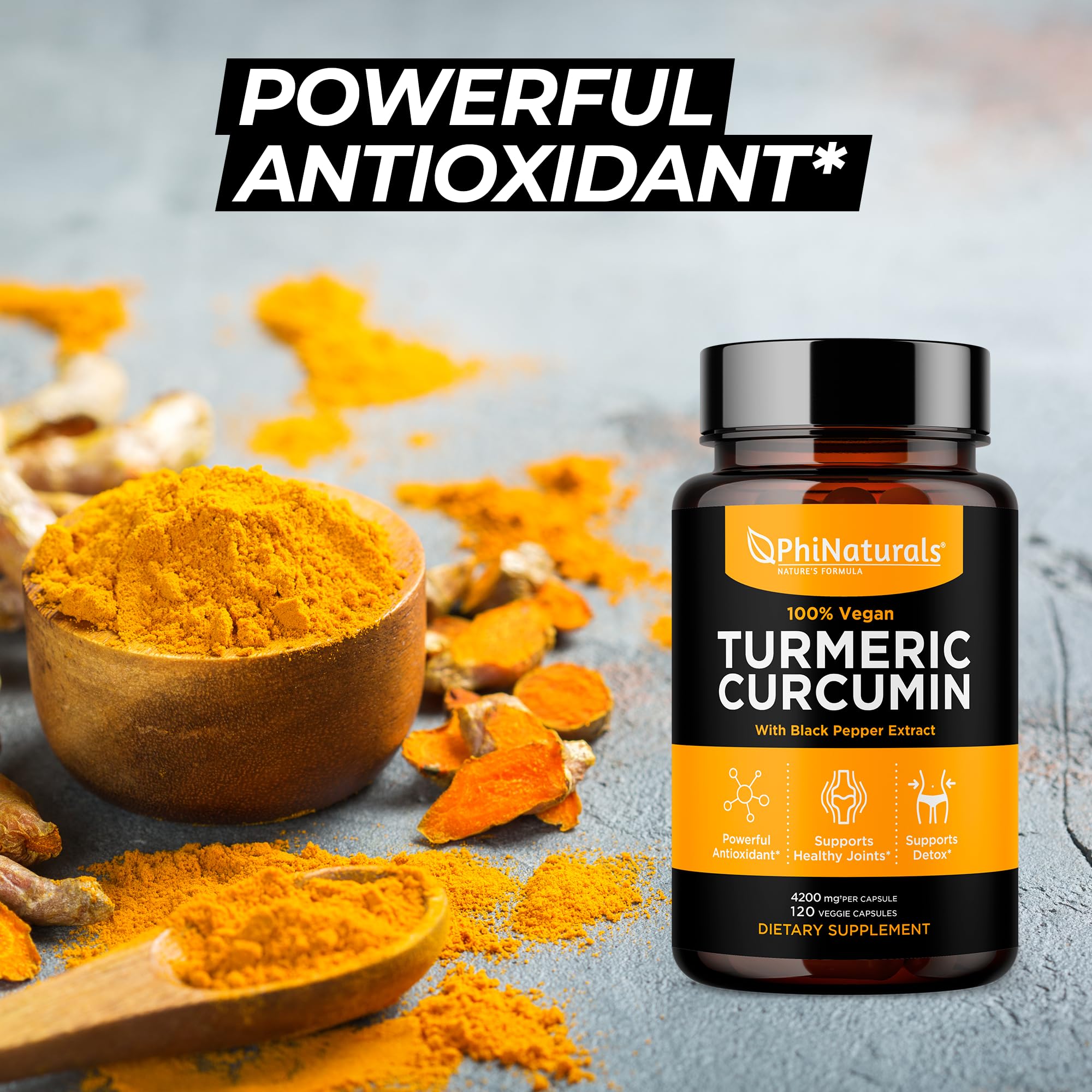 PhiNaturals turmeric-curcumin bottle closeup showing capsules and label clarity.