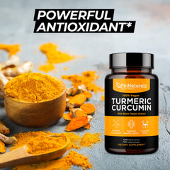 PhiNaturals turmeric-curcumin bottle closeup showing capsules and label clarity.