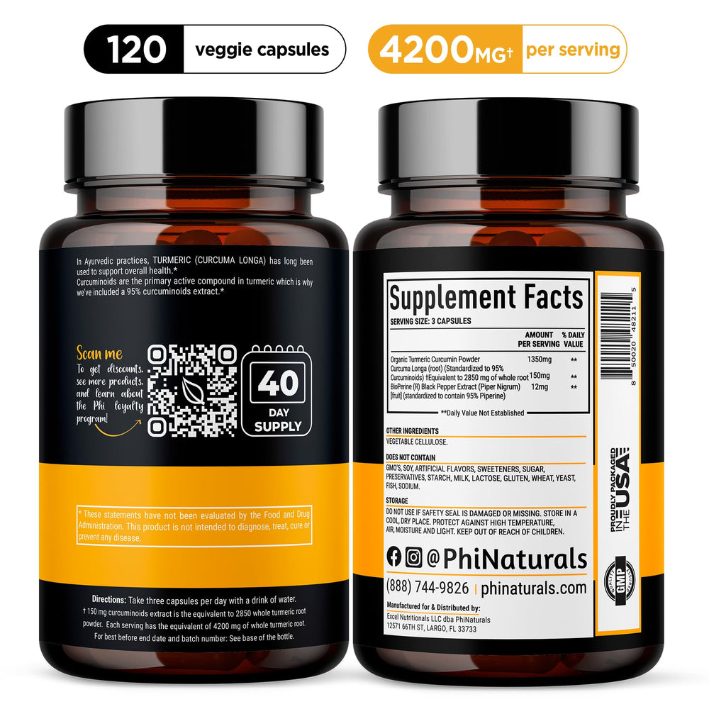 PhiNaturals turmeric-curcumin bottle label highlighting 4200 mg per serving.