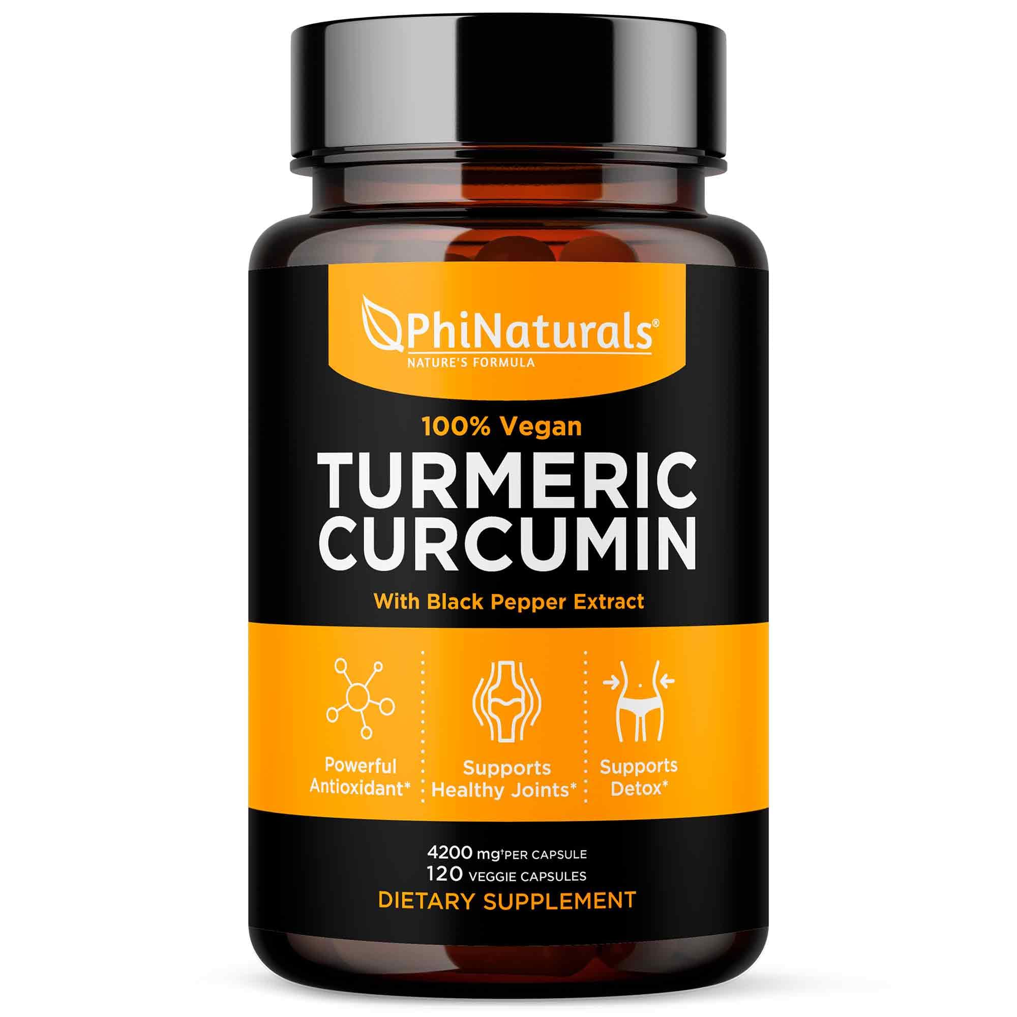PhiNaturals turmeric-curcumin capsules on bottle for daily wellness support.