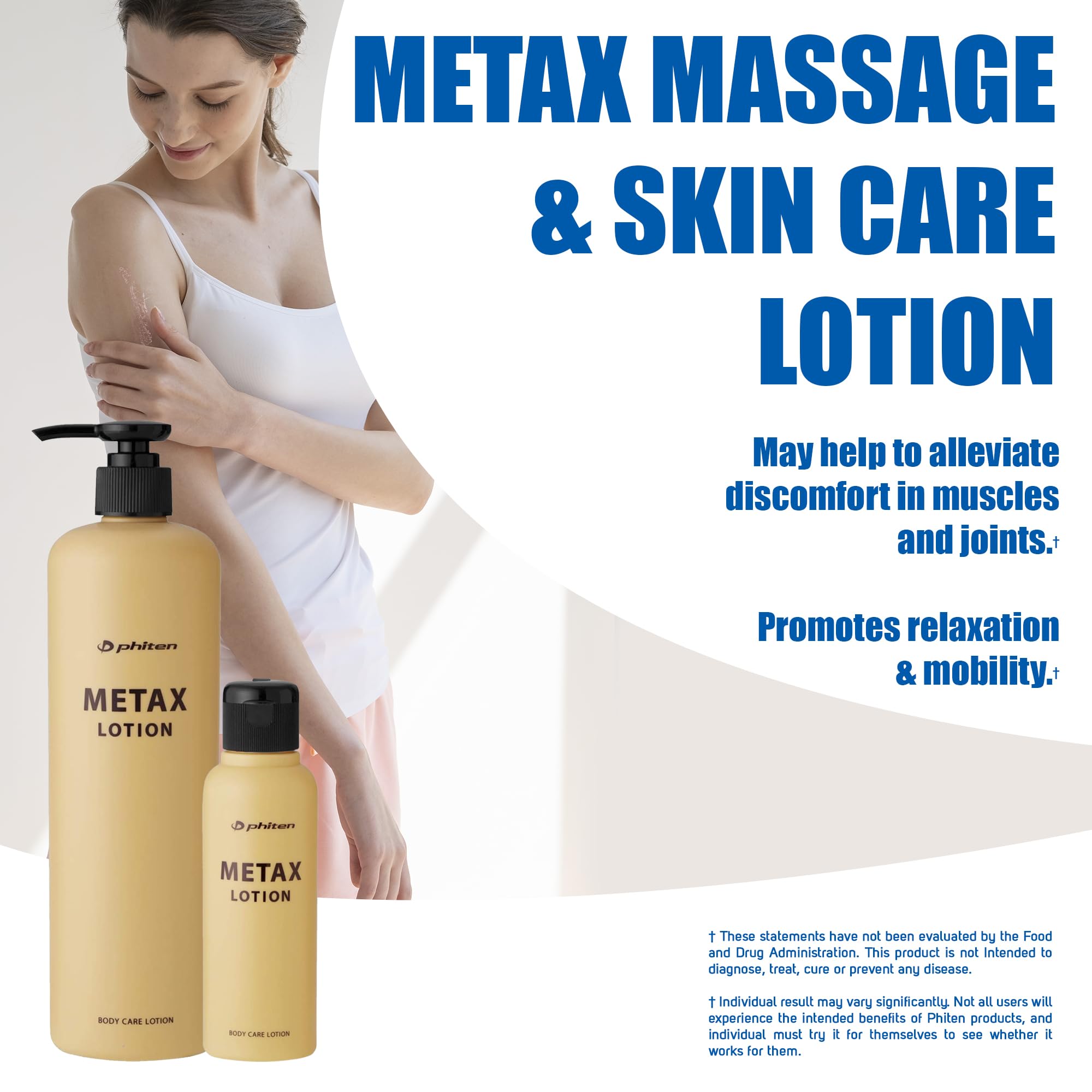 Phiten Metax lotion massage-application demonstrates quick, discreet relief for neck, shoulders, and back.