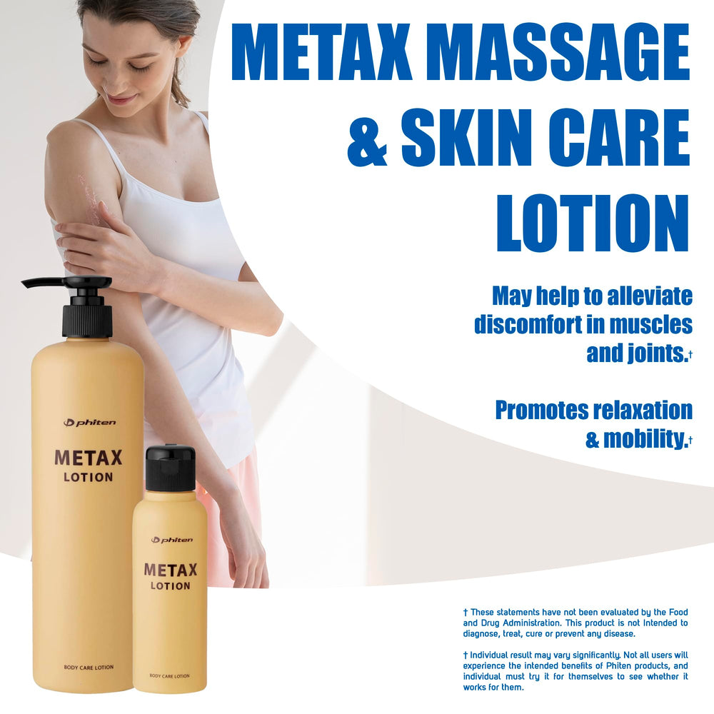 Phiten Metax lotion massage-application demonstrates quick, discreet relief for neck, shoulders, and back.