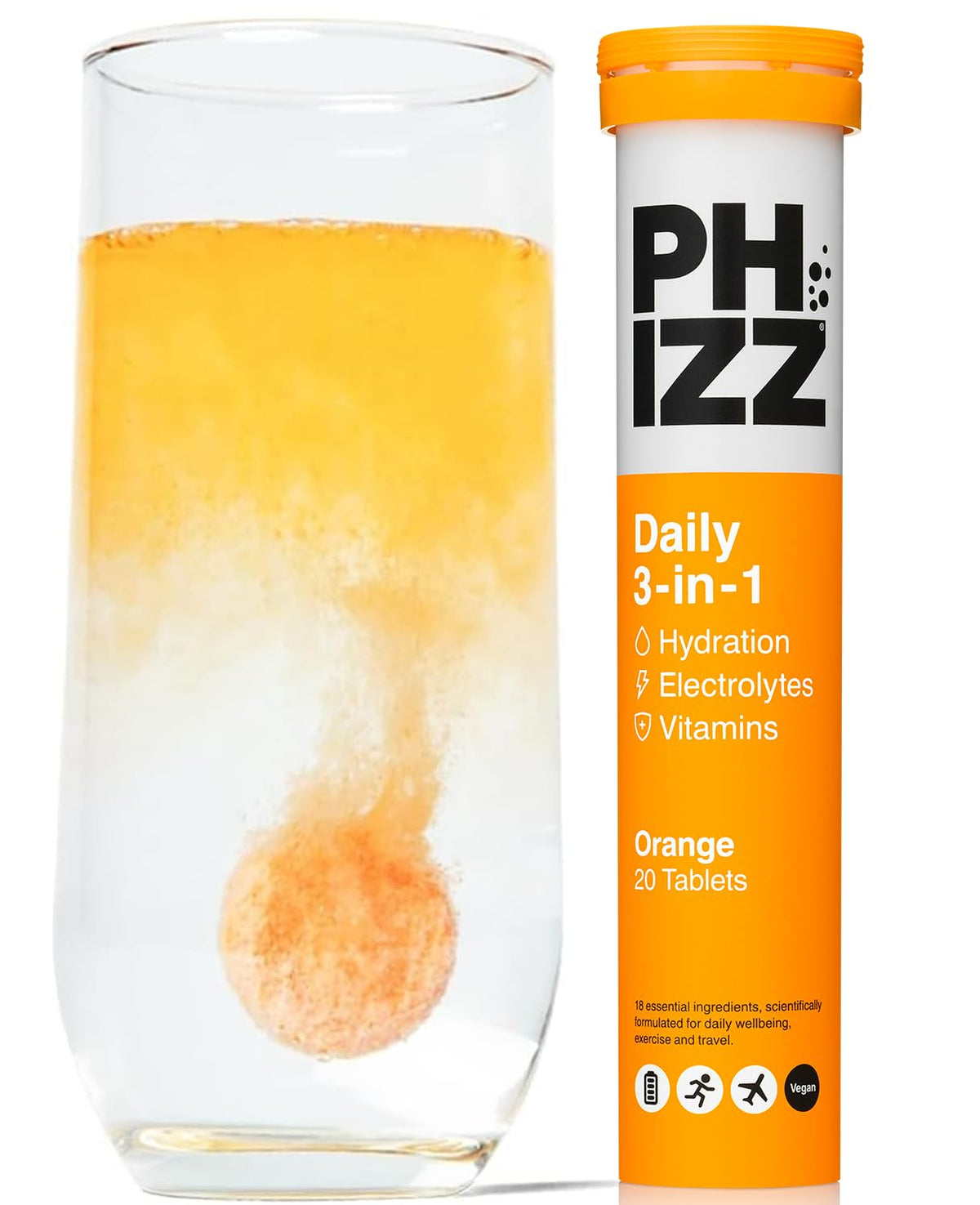 Phizz orange tablet dissolving in water for quick hydration.