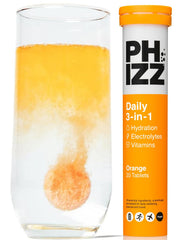 Phizz orange tablet dissolving in water for quick hydration.