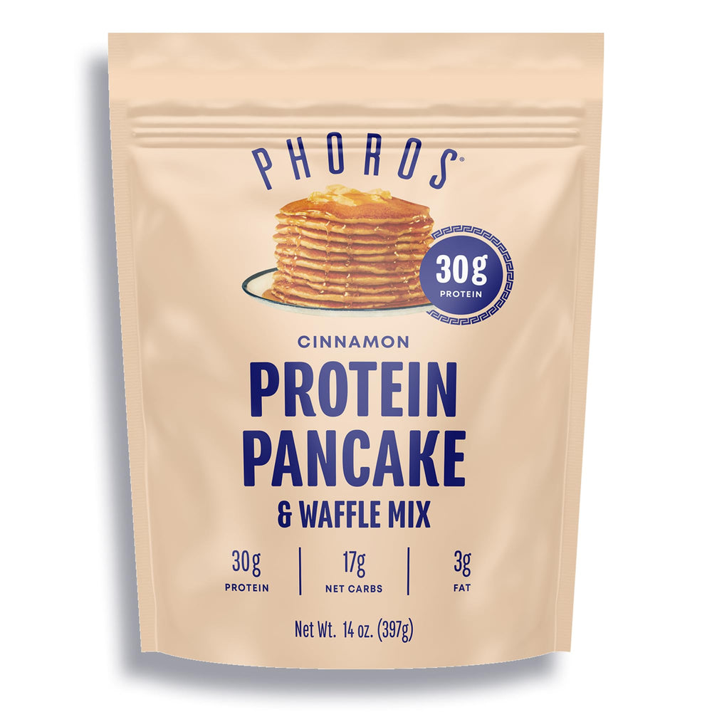 Phoros Nutrition cinnamon protein pancake batter being poured for quick breakfast