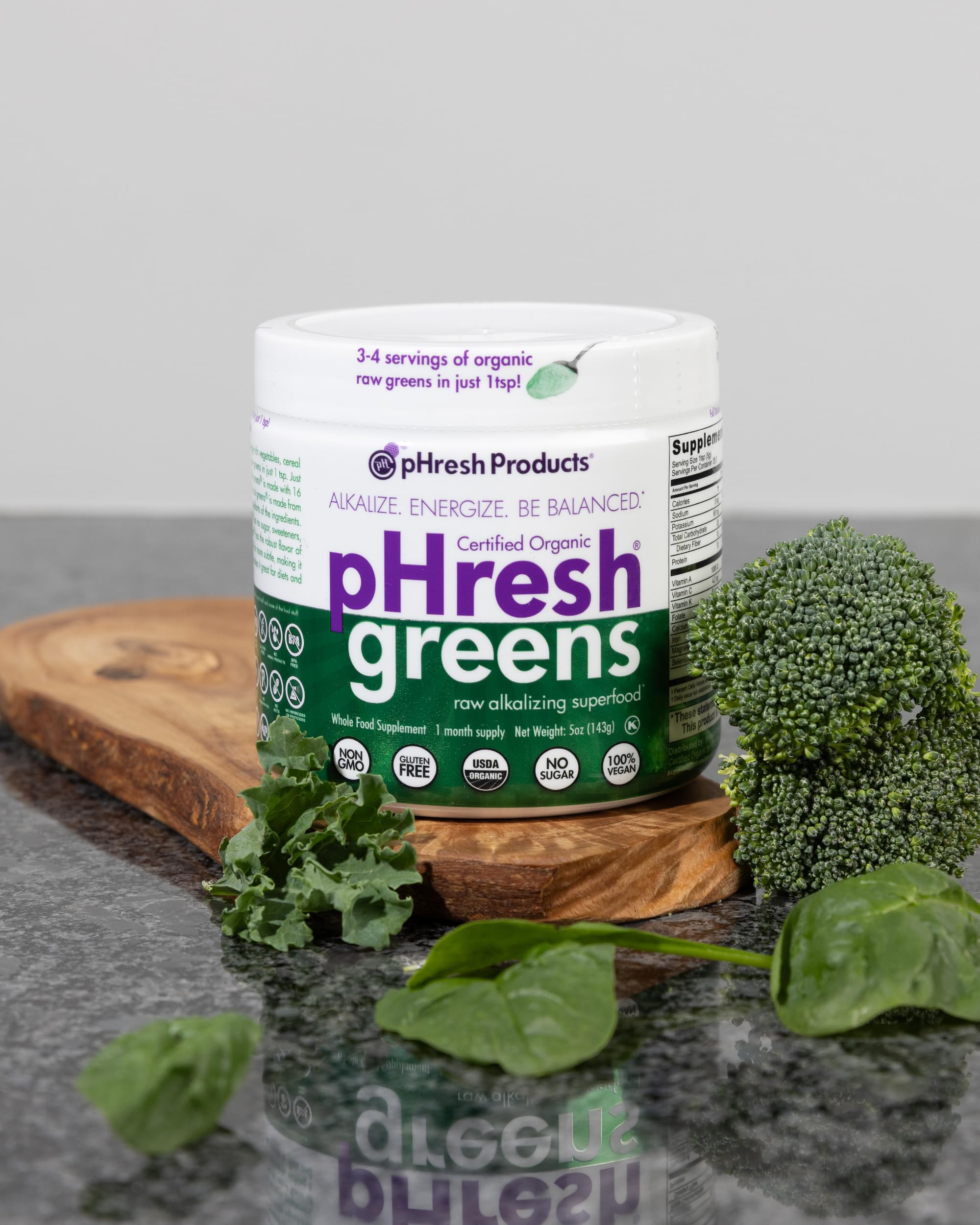Phresh Greens non-GMO badge highlights natural, pesticide-free ingredients.