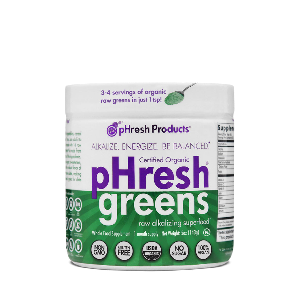 Phresh Greens powder tub closeup highlighting raw greens blend for daily nutrition.
