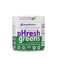 Phresh Greens powder tub closeup highlighting raw greens blend for daily nutrition.