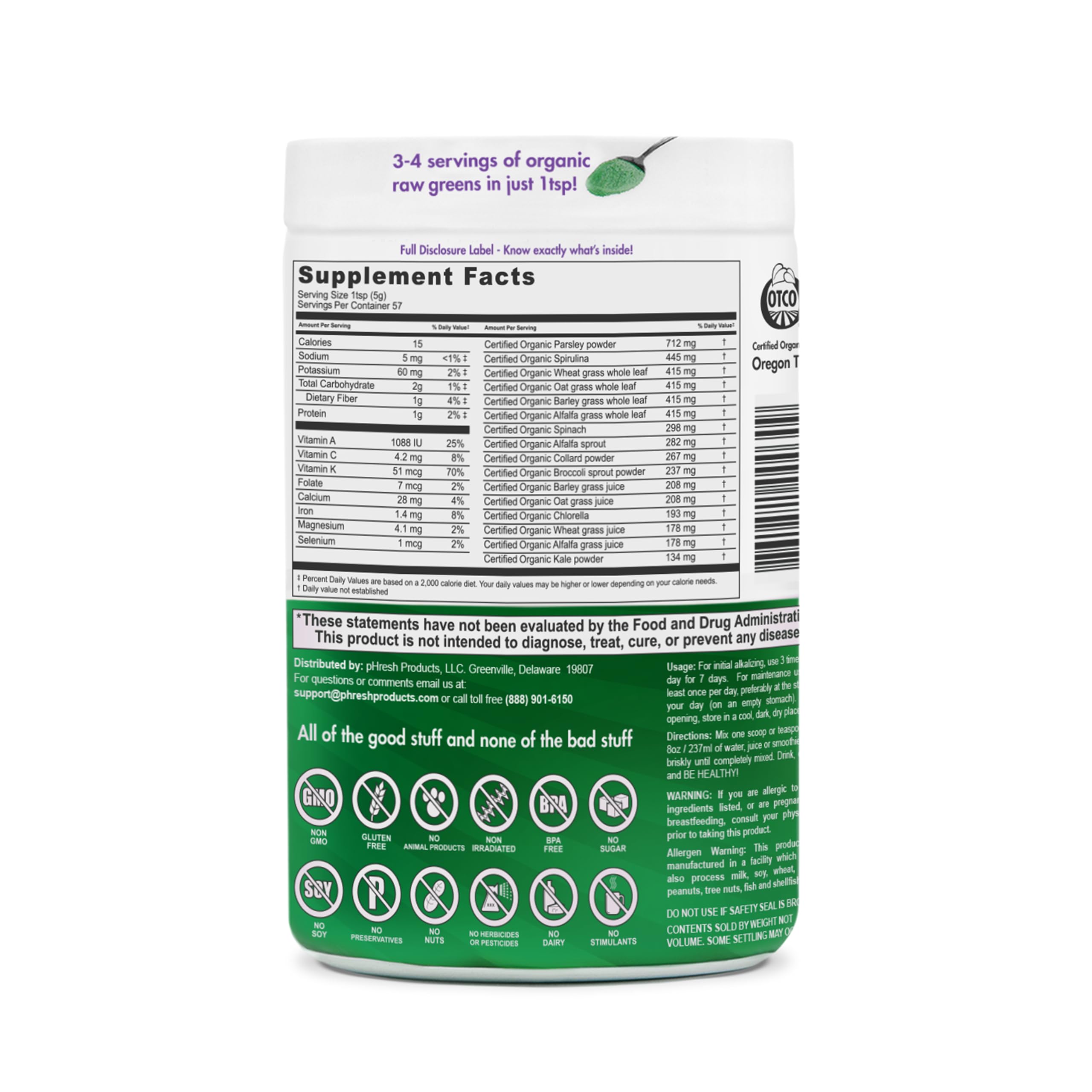 Phresh Greens scoop beside powder for quick, convenient mixes
