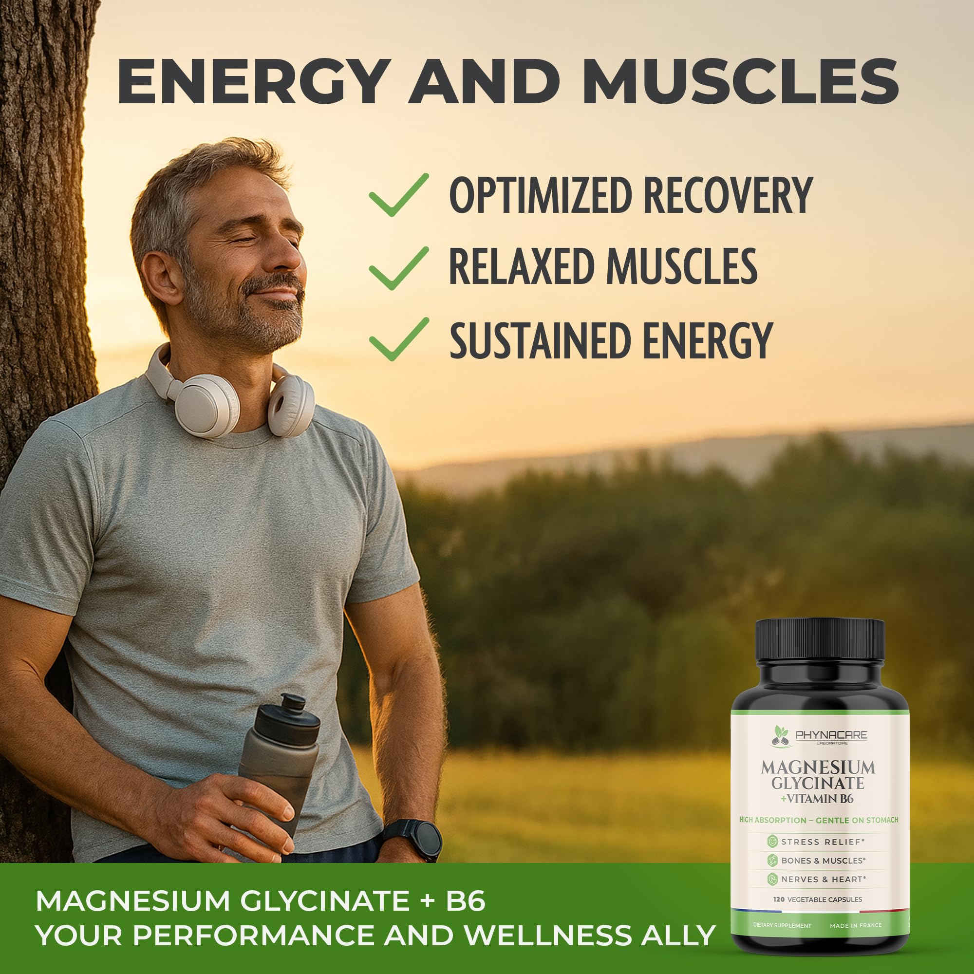 Pouring PHYNACARE capsules illustrating easy daily dosage for energy support.