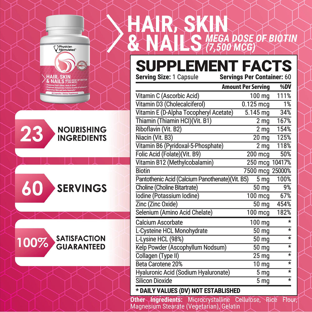 Physician Formulated ingredient-blend showcases 7500 mcg biotin with key vitamins.