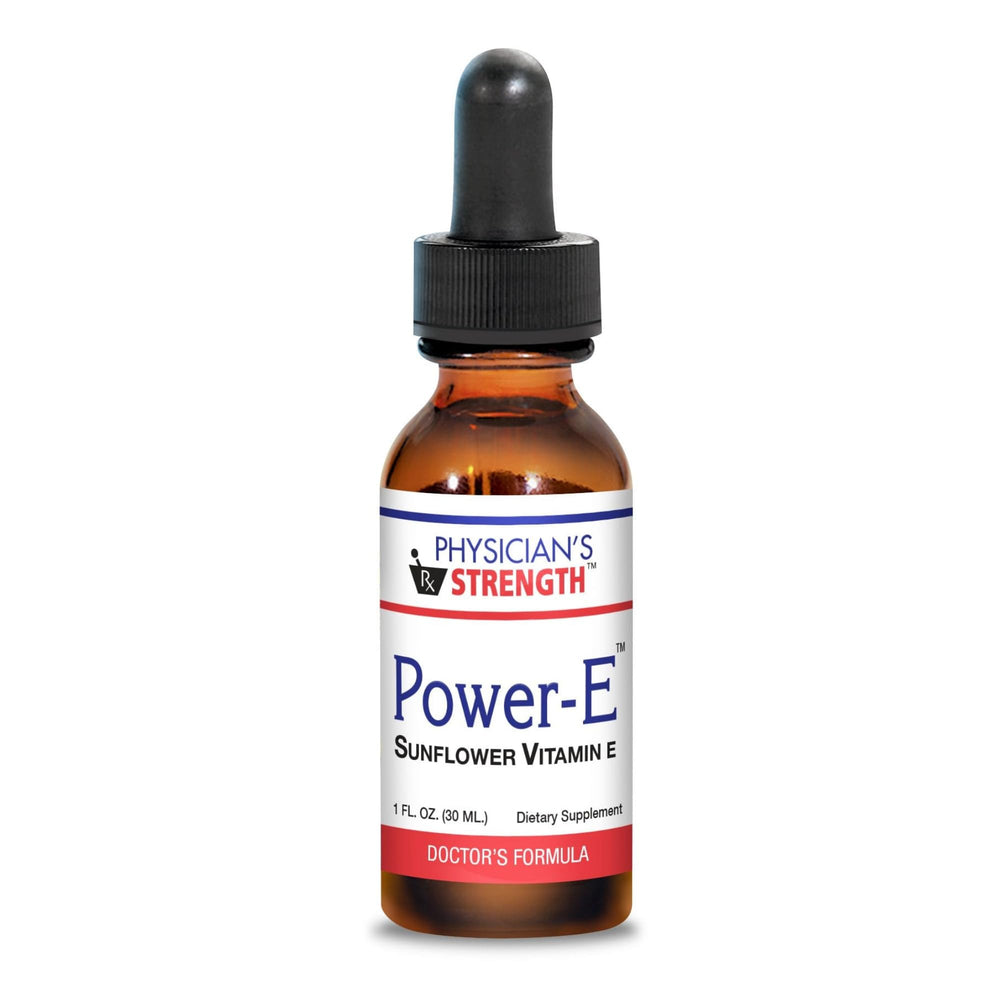 Physician's Strength Power-E bottle label highlights premium sunflower vitamin E complex.