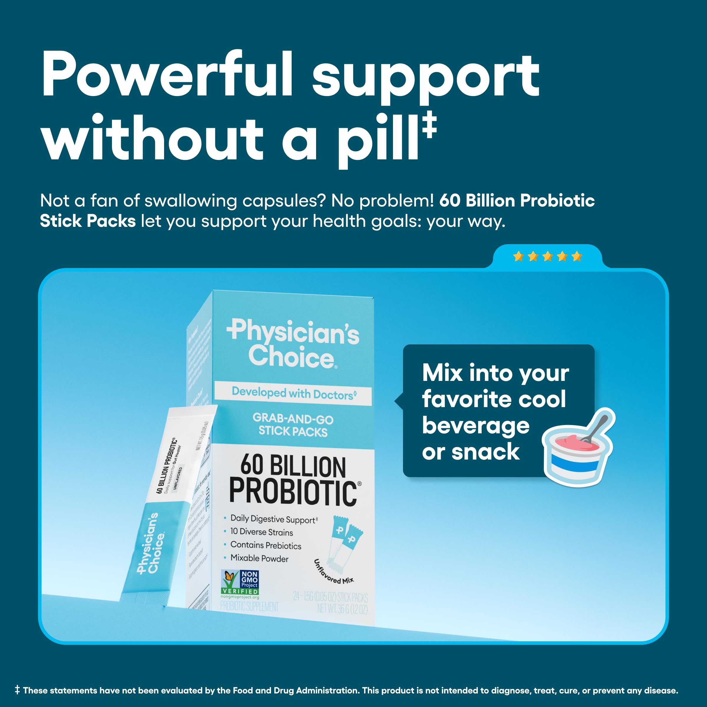 Physicians Choice 10-strain probiotic sticks mix into cold drinks for daily gut balance.