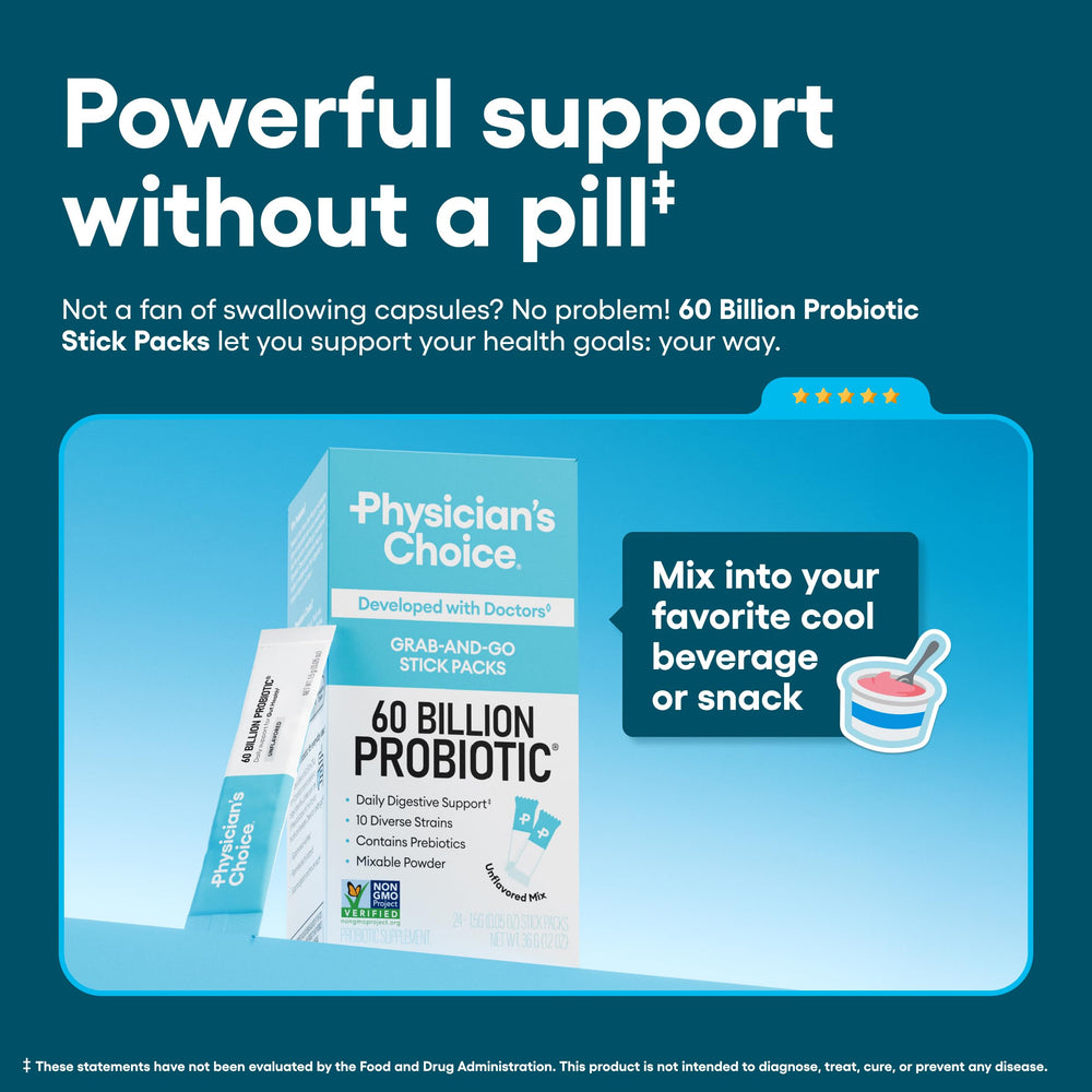 Physicians Choice 10-strain probiotic sticks mix into cold drinks for daily gut balance.