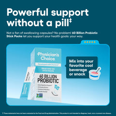 Physicians Choice 10-strain probiotic sticks mix into cold drinks for daily gut balance.