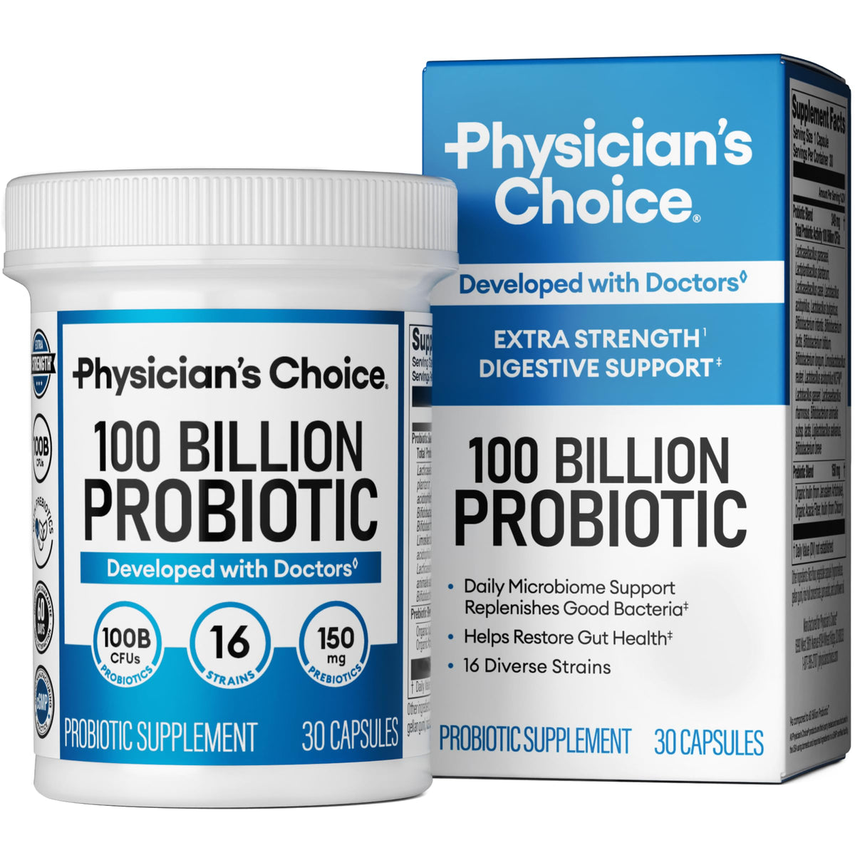 Physician's CHOICE 100 Billion probiotic bottle supports daily gut balance