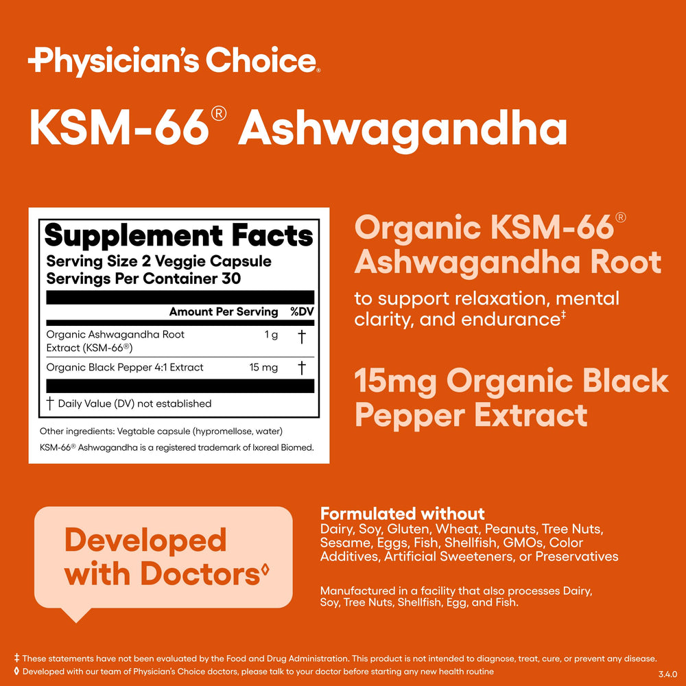 Physician's CHOICE Ashwagandha capsules with workout scene suggesting mood support.