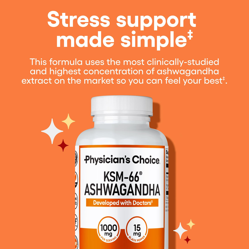 Physician's CHOICE Ashwagandha capsules close-up highlighting daily energy support.