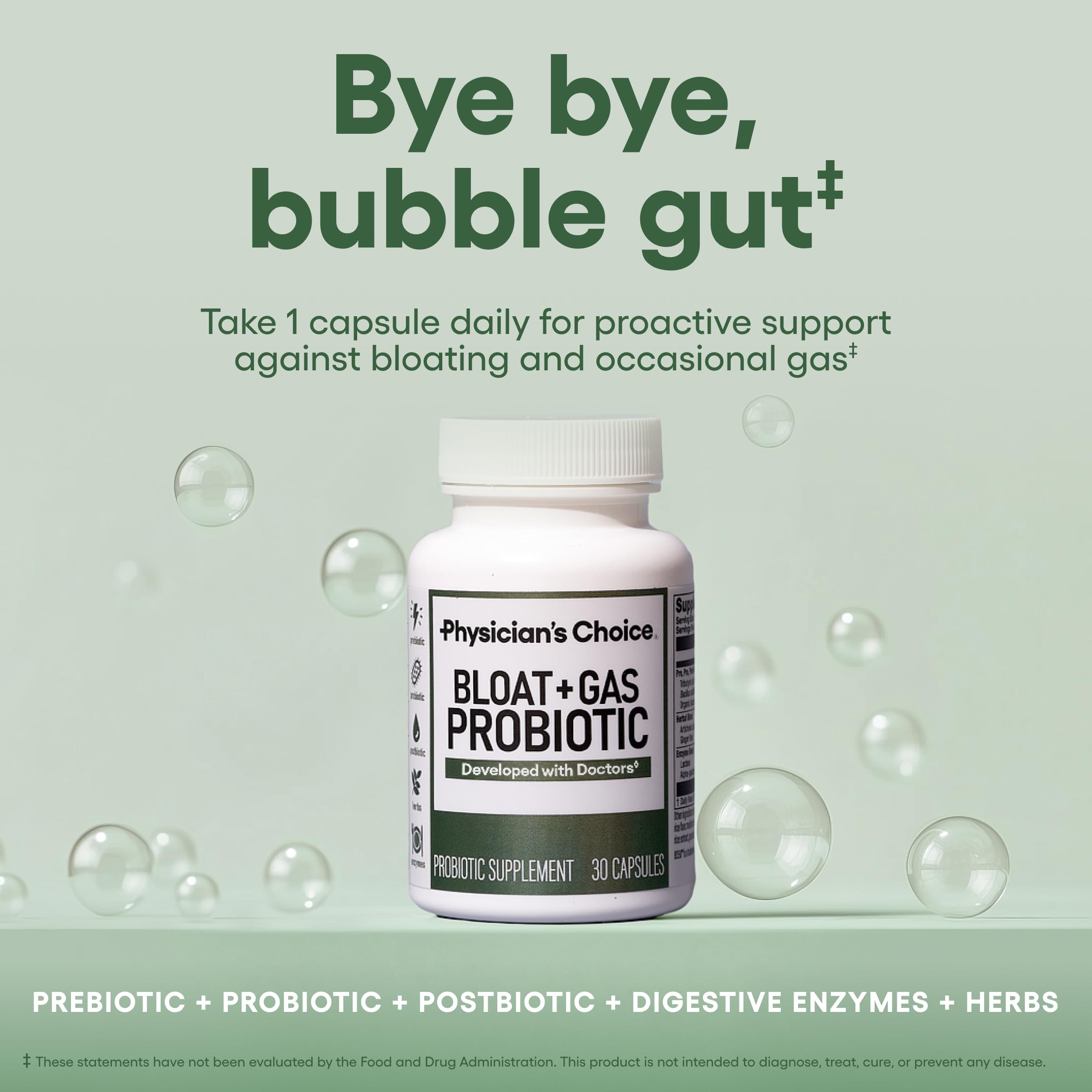 Physician's CHOICE capsules showing dual-action relief for bloating