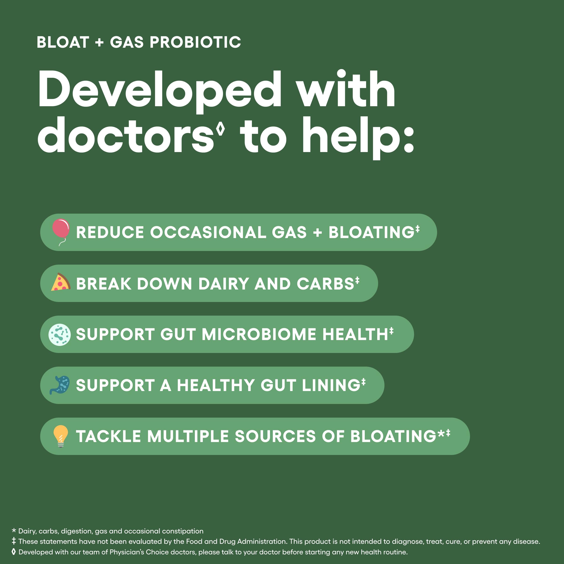 Physician's CHOICE ingredients list featuring enzymes and prebiotics
