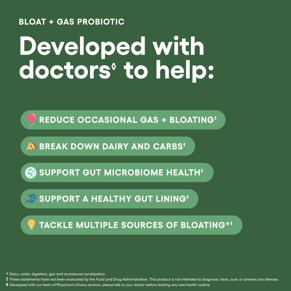 Physician's CHOICE ingredients list featuring enzymes and prebiotics