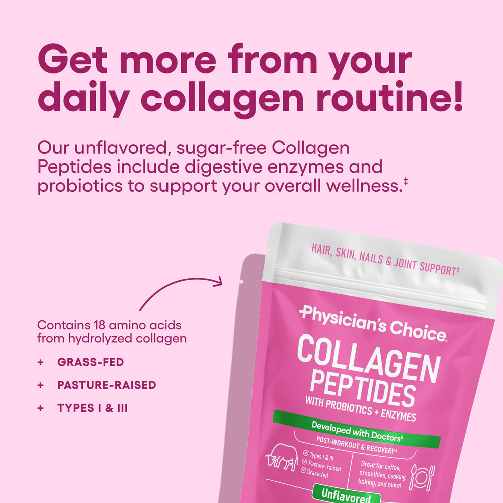 Physician's CHOICE collagen peptides being stirred into a beverage for daily use.