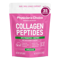 Physician's CHOICE collagen peptides bottle front showing premium grass-fed formulation for skin and joints.