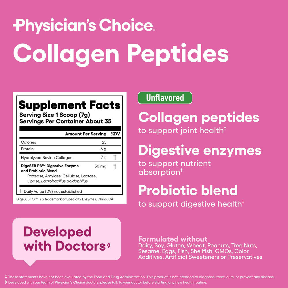 Container of Physician's CHOICE collagen peptides on a kitchen counter with smoothie ingredients.